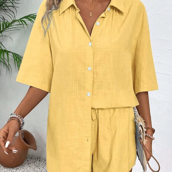 Yellow Casual Women's Vacation Short Sleeve Shirt And Shorts Set - Picture 7 of 7